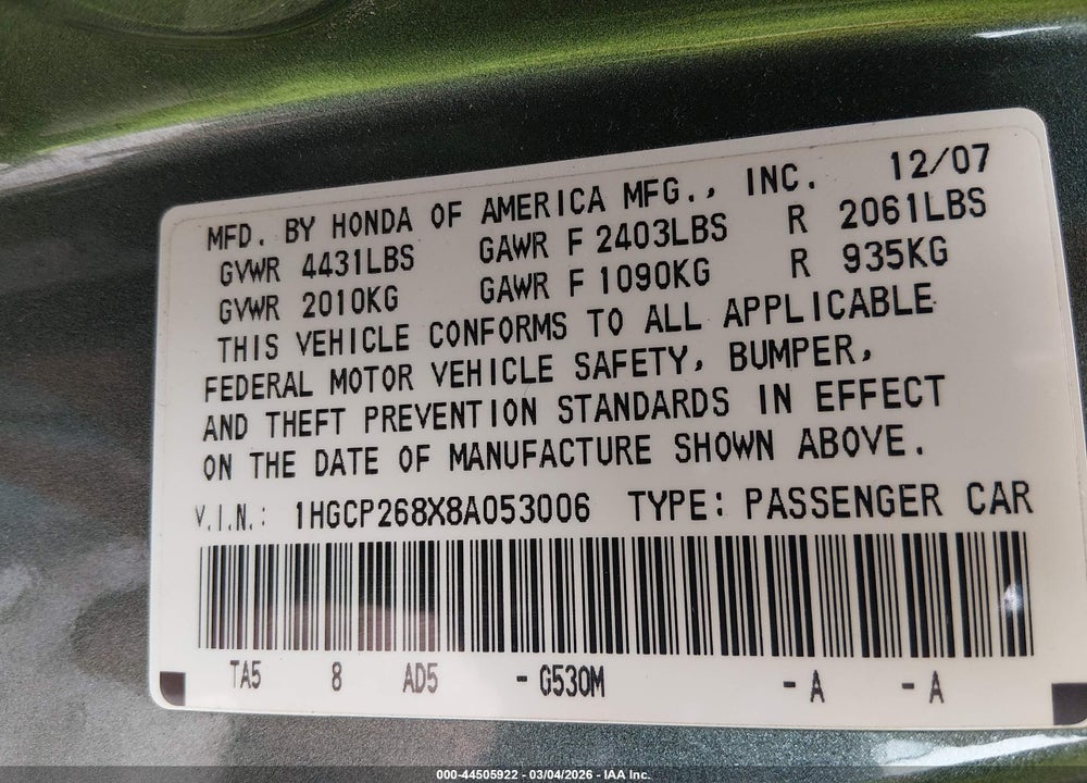 2008 HONDA ACCORD 2.4 EX-L VIN: 1HGCP268X8A053006