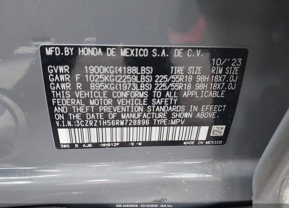 2024 HONDA HR-V 2WD SPORT/2WD SPORT W/O BSI VIN: 3CZRZ1H56RM728896