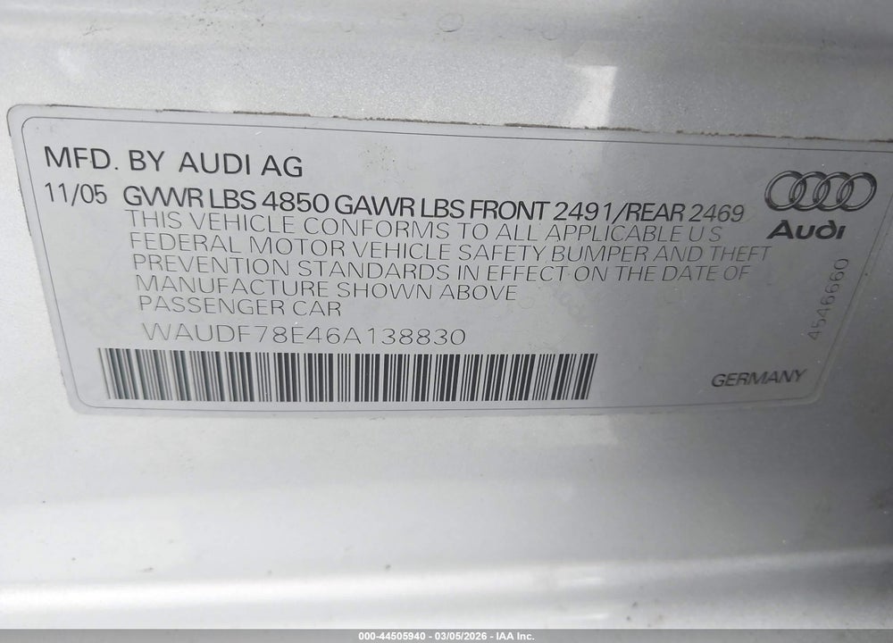 2006 AUDI A4 2.0T VIN: WAUDF78E46A138830