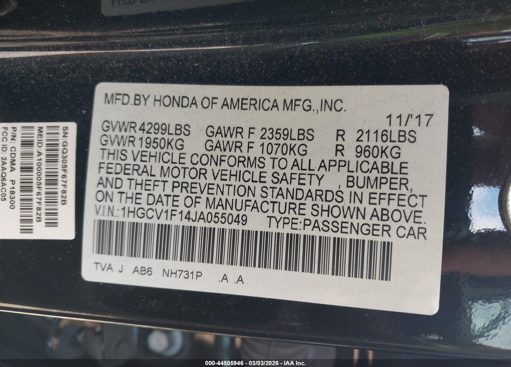 2018 HONDA ACCORD LX VIN: 1HGCV1F14JA055049