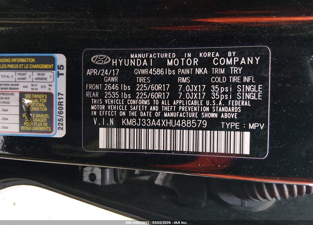 2017 HYUNDAI TUCSON SE VIN: KM8J33A4XHU488579