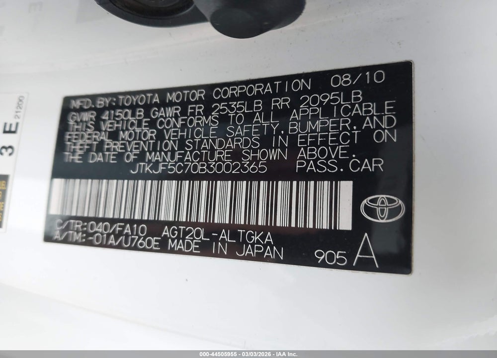 2011 SCION TC VIN: JTKJF5C70B3002365