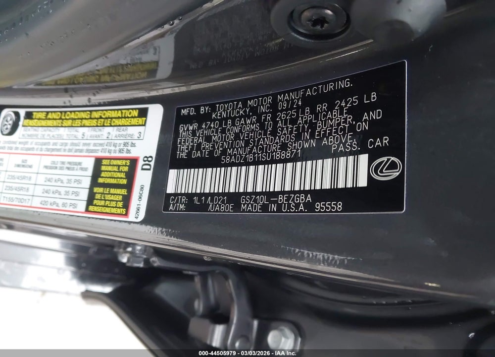 2025 LEXUS ES 350 VIN: 58ADZ1B11SU188871