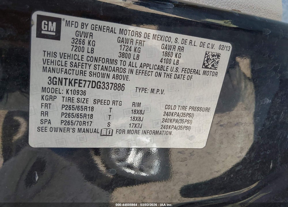 2013 CHEVROLET AVALANCHE LT VIN: 3GNTKFE77DG337886