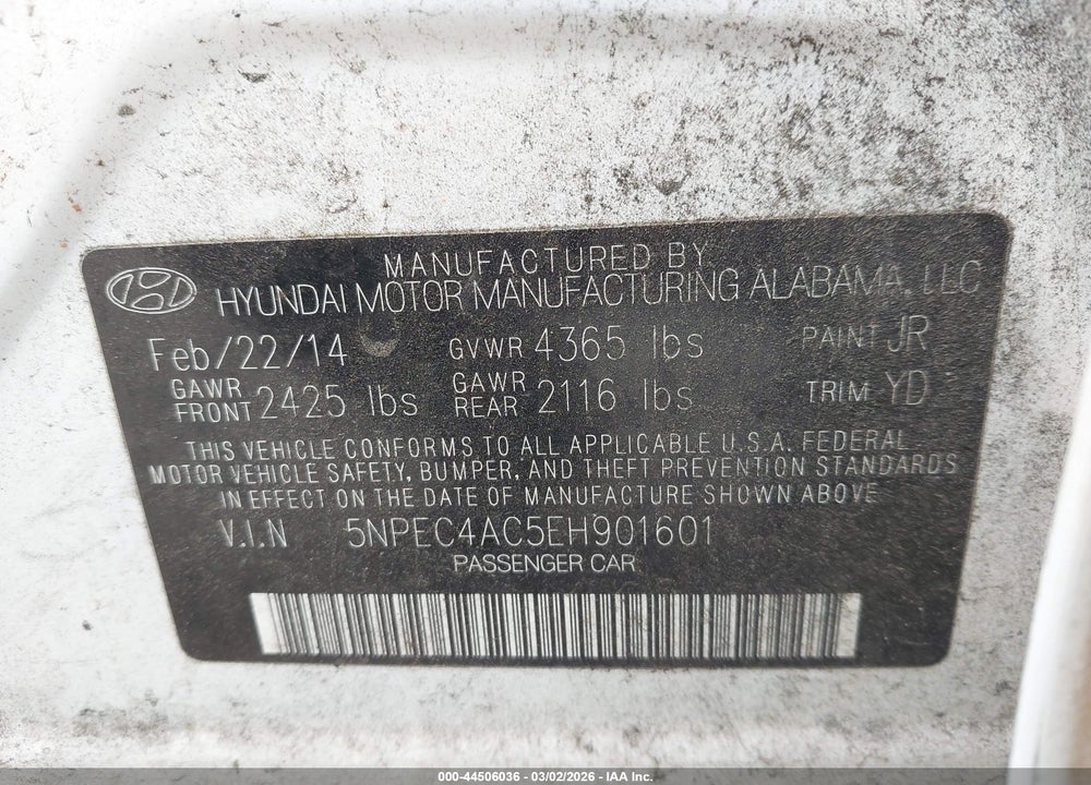 2014 HYUNDAI SONATA LIMITED VIN: 5NPEC4AC5EH901601