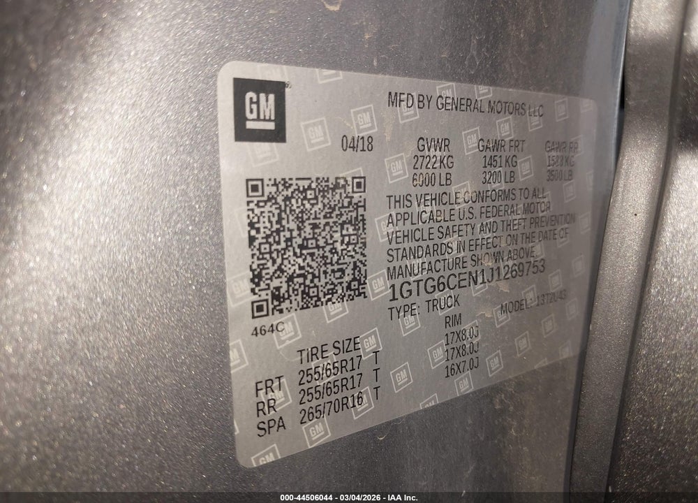 2018 GMC CANYON SLE VIN: 1GTG6CEN1J1269753