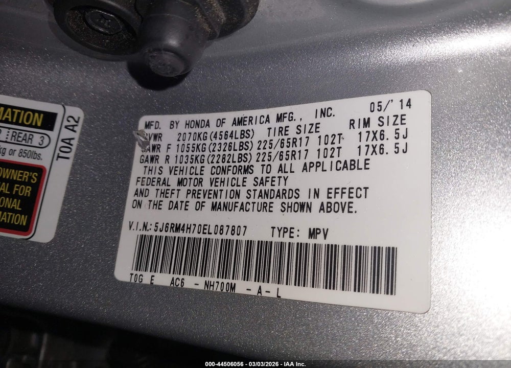 2014 HONDA CR-V EX-L VIN: 5J6RM4H70EL087807