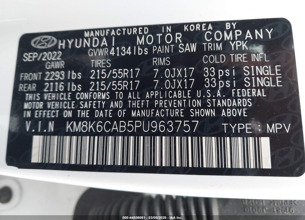 2023 HYUNDAI KONA SEL VIN: KM8K6CAB5PU963757