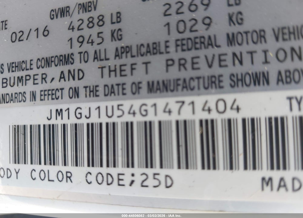 2016 MAZDA 6 I SPORT VIN: JM1GJ1U54G1471404