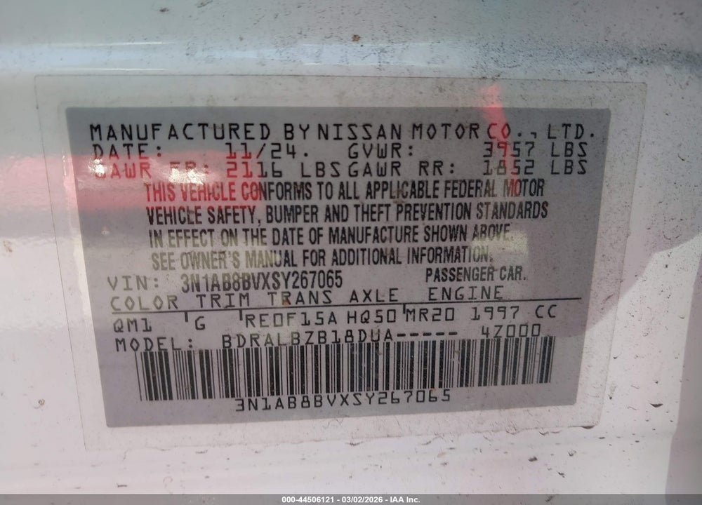 2025 NISSAN SENTRA S VIN: 3N1AB8BVXSY267065