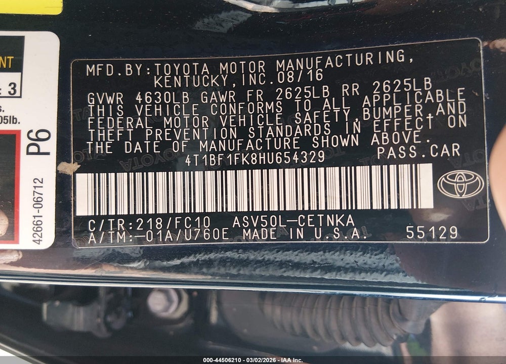 2017 TOYOTA CAMRY LE VIN: 4T1BF1FK8HU654329