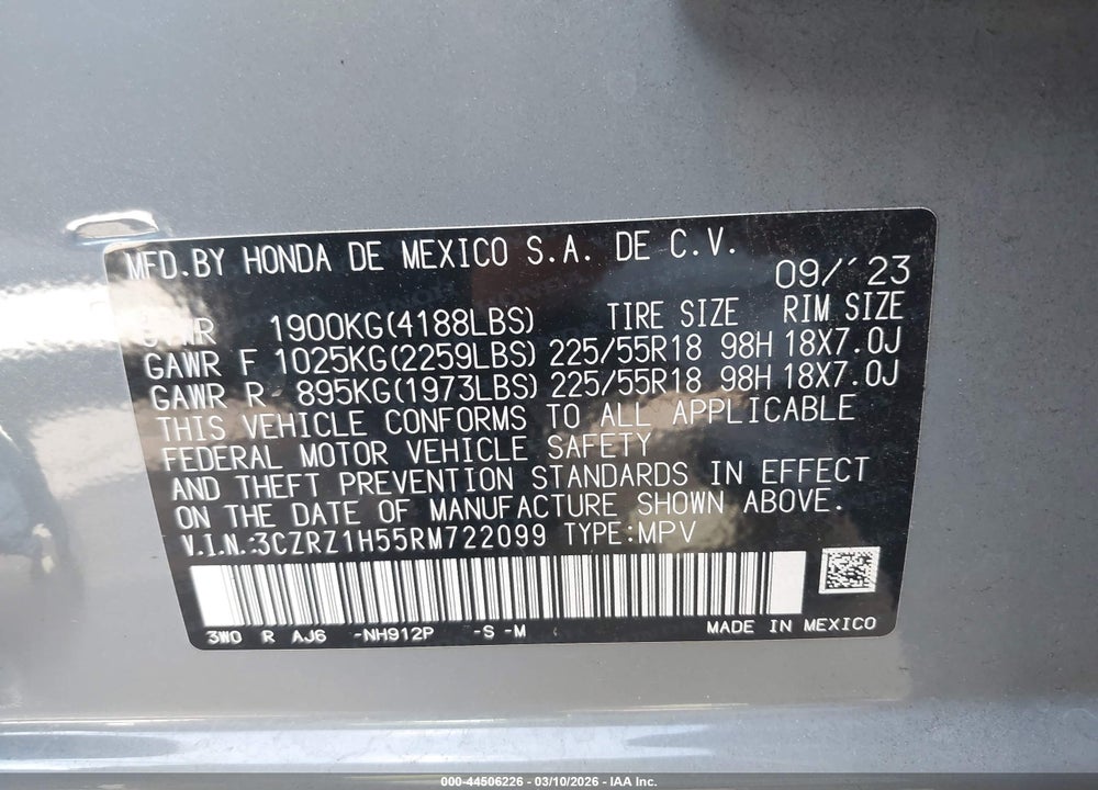 2024 HONDA HR-V 2WD SPORT/2WD SPORT W/O BSI VIN: 3CZRZ1H55RM722099