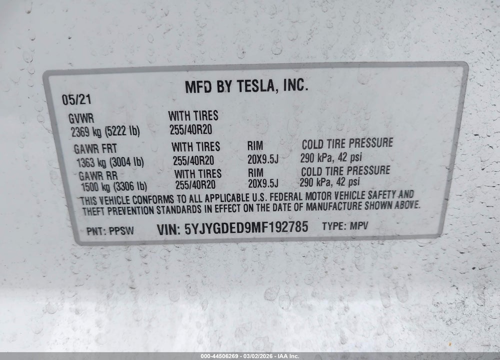 2021 TESLA MODEL Y STANDARD RANGE REAR-WHEEL DRIVE VIN: 5YJYGDED9MF192785