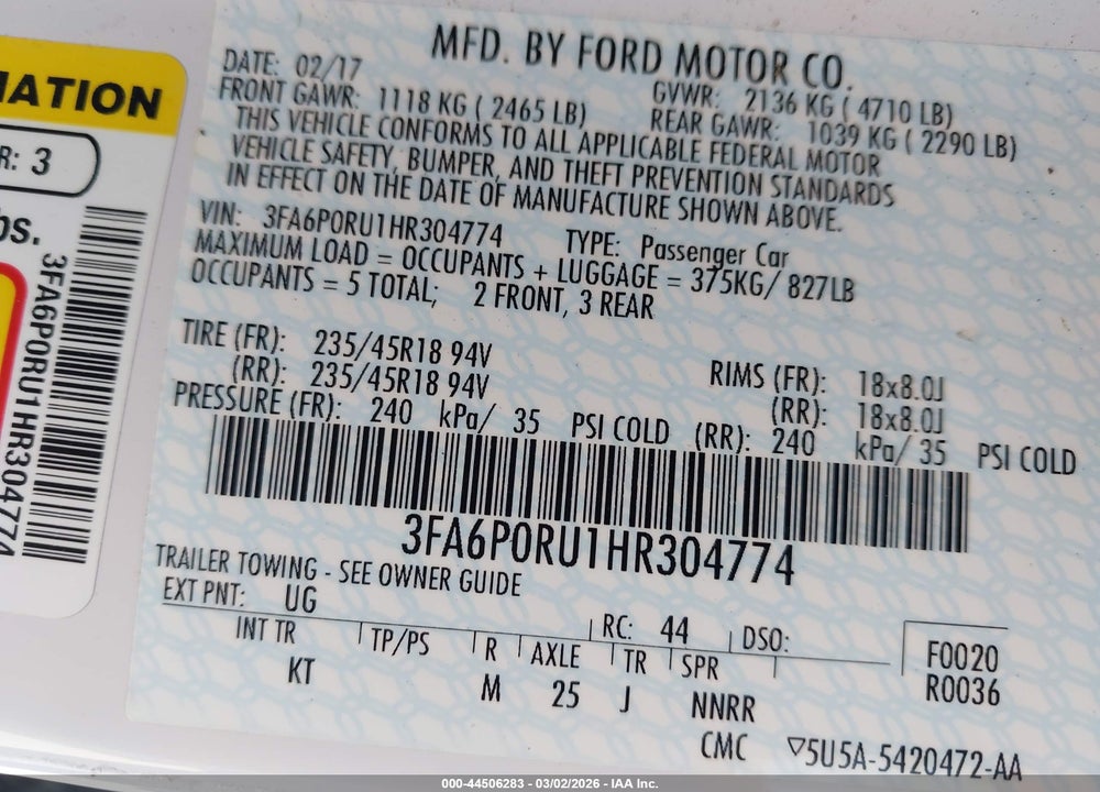 2017 FORD FUSION HYBRID TITANIUM VIN: 3FA6P0RU1HR304774