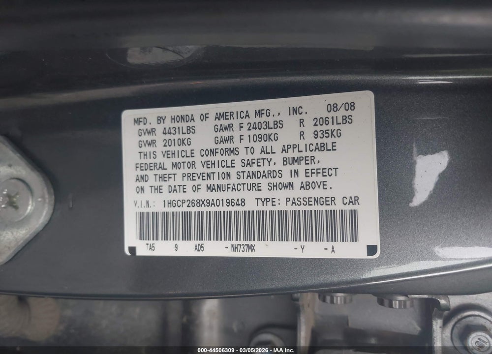 2009 HONDA ACCORD 2.4 EX-L VIN: 1HGCP268X9A019648
