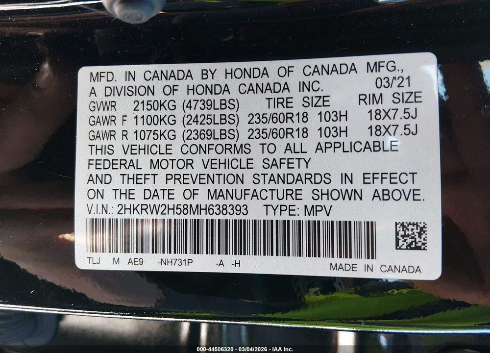 2021 HONDA CR-V AWD EX VIN: 2HKRW2H58MH638393