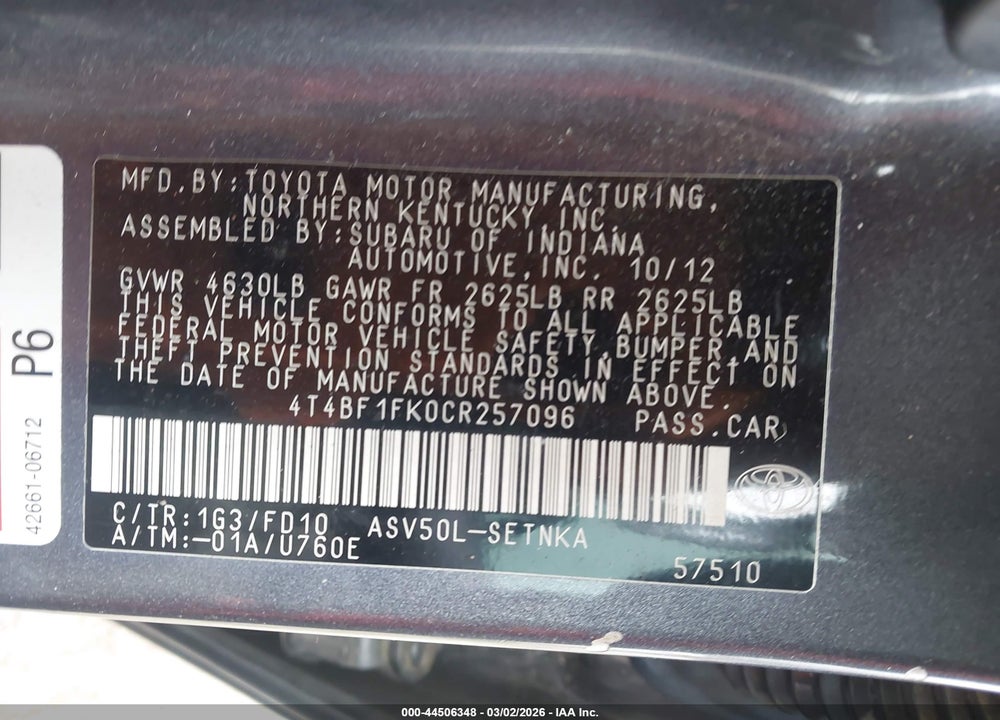 2012 TOYOTA CAMRY LE VIN: 4T4BF1FK0CR257096