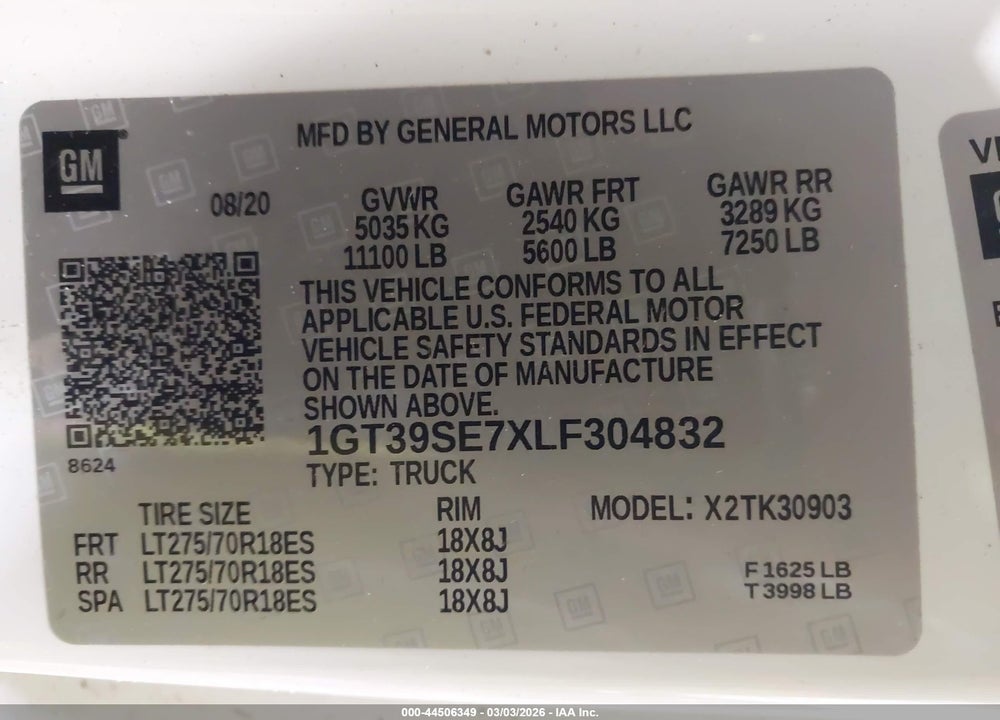 2020 GMC SIERRA 3500HD 4WD  LONG BED VIN: 1GT39SE7XLF304832