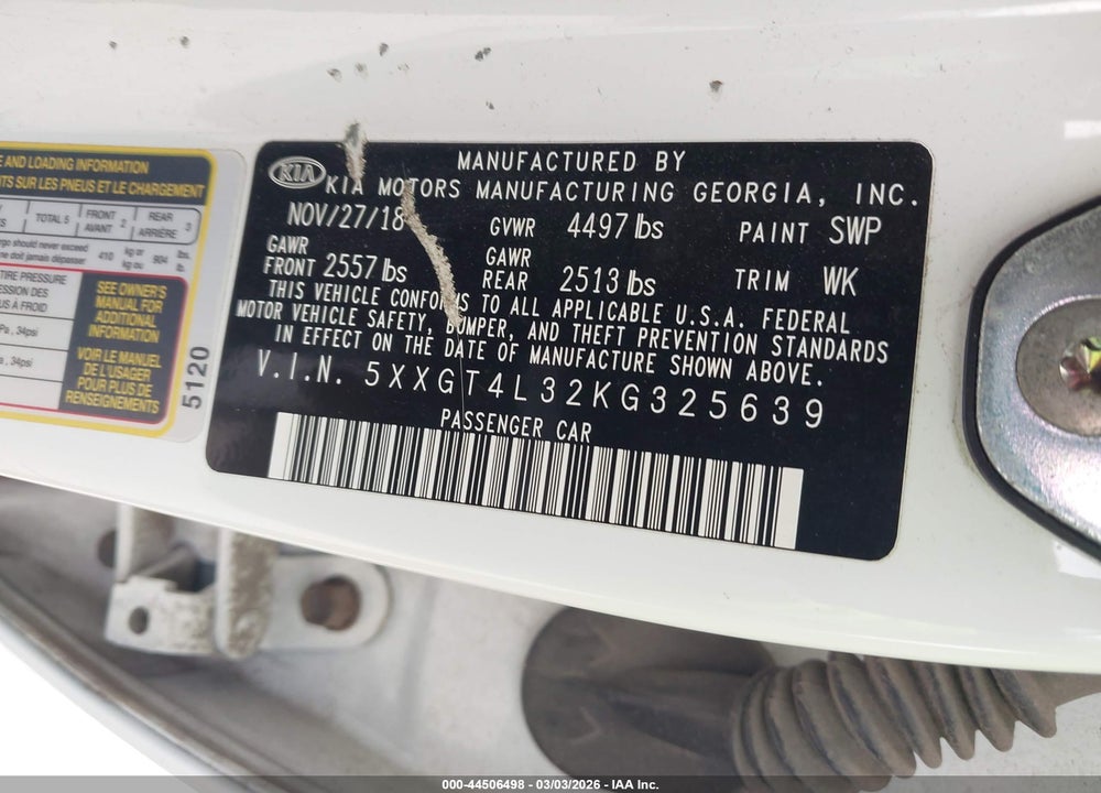 2019 KIA OPTIMA LX VIN: 5XXGT4L32KG325639