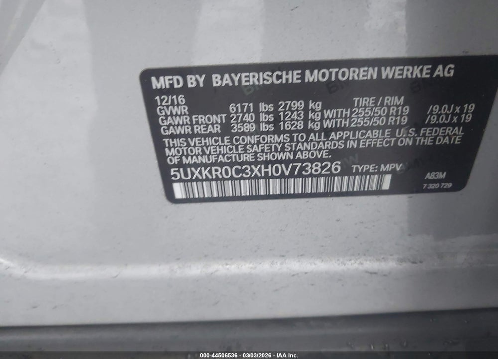 2017 BMW X5 XDRIVE35I VIN: 5UXKR0C3XH0V73826