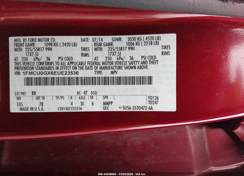2014 FORD ESCAPE SE VIN: 1FMCU0GX6EUE23536