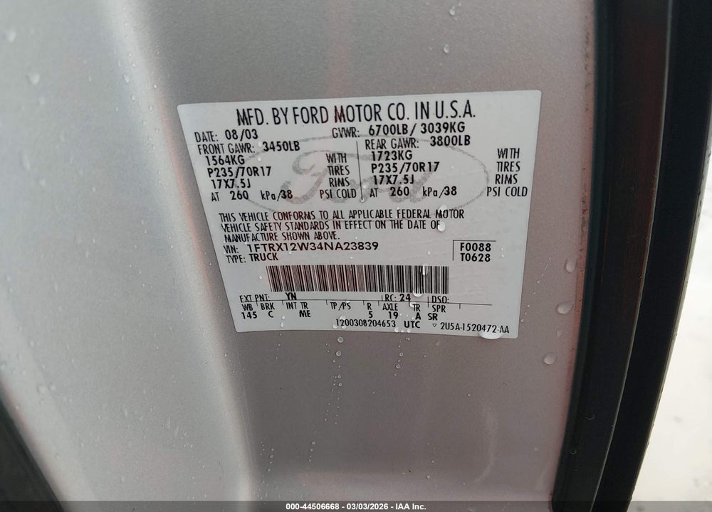 2004 FORD F-150 STX/XL/XLT VIN: 1FTRX12W34NA23839