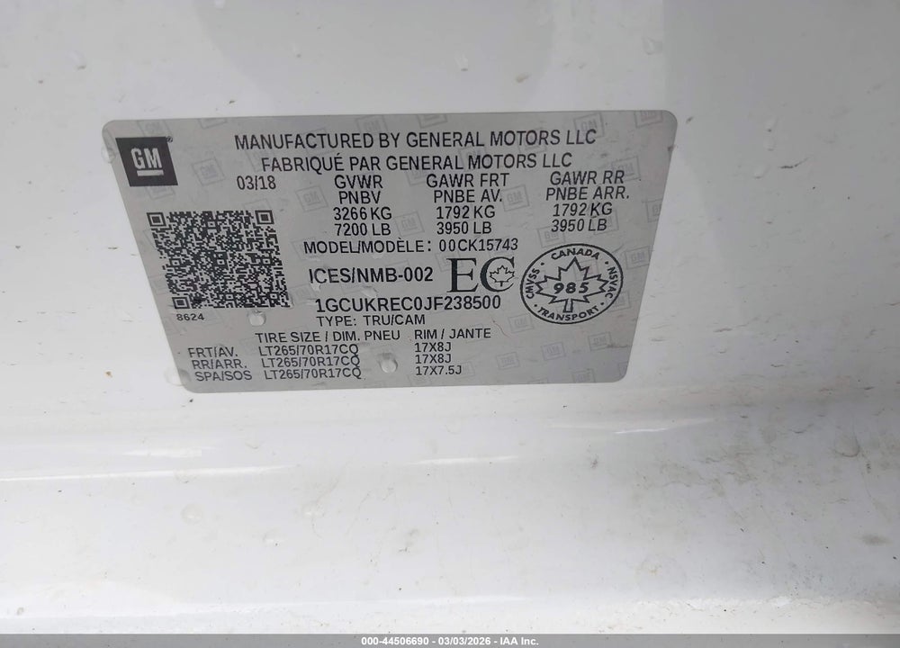 2018 CHEVROLET SILVERADO 1500 1LT VIN: 1GCUKREC0JF238500