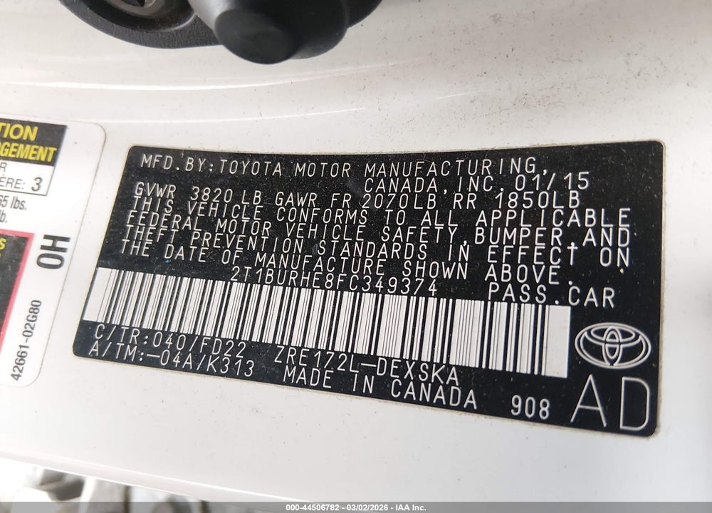 2015 TOYOTA COROLLA S PLUS VIN: 2T1BURHE8FC349374