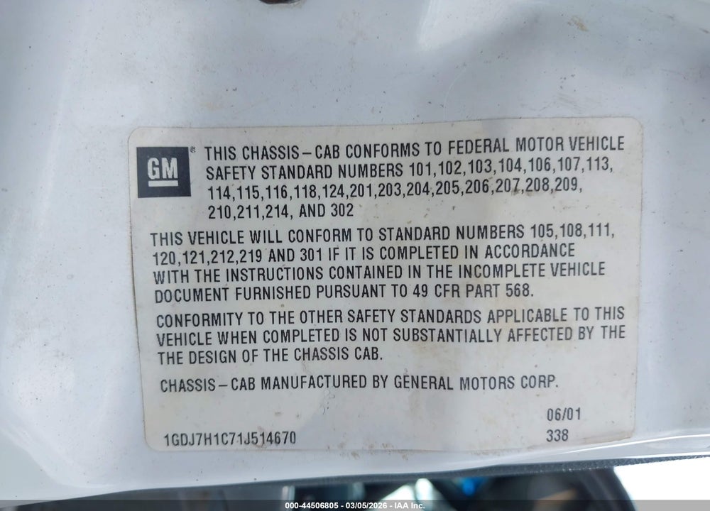 2001 GMC C-SERIES C7H042 VIN: 1GDJ7H1C71J514670