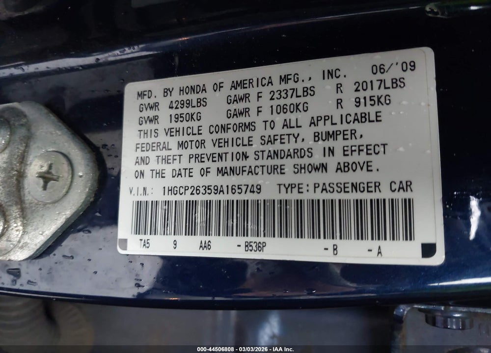 2009 HONDA ACCORD 2.4 LX VIN: 1HGCP26359A165749