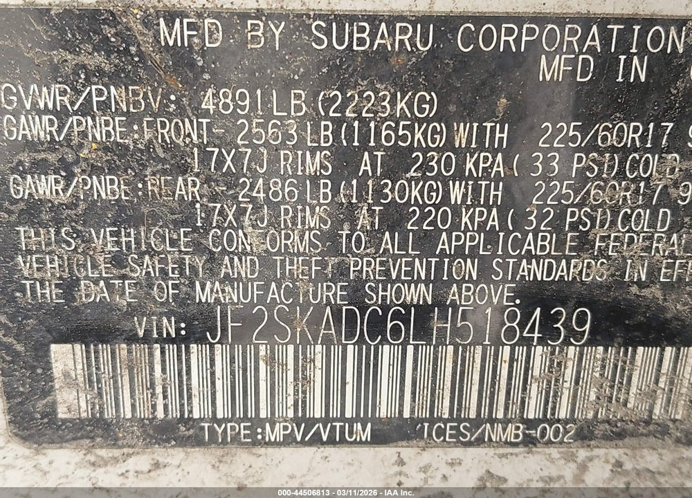 2020 SUBARU FORESTER VIN: JF2SKADC6LH518439
