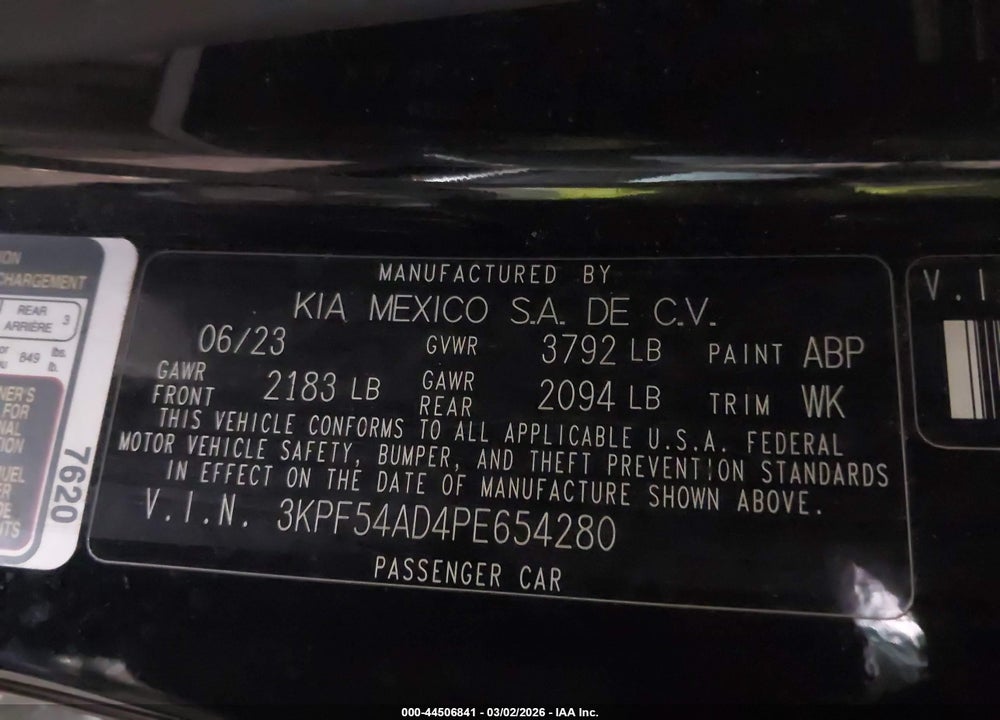 2023 KIA FORTE GT-LINE VIN: 3KPF54AD4PE654280