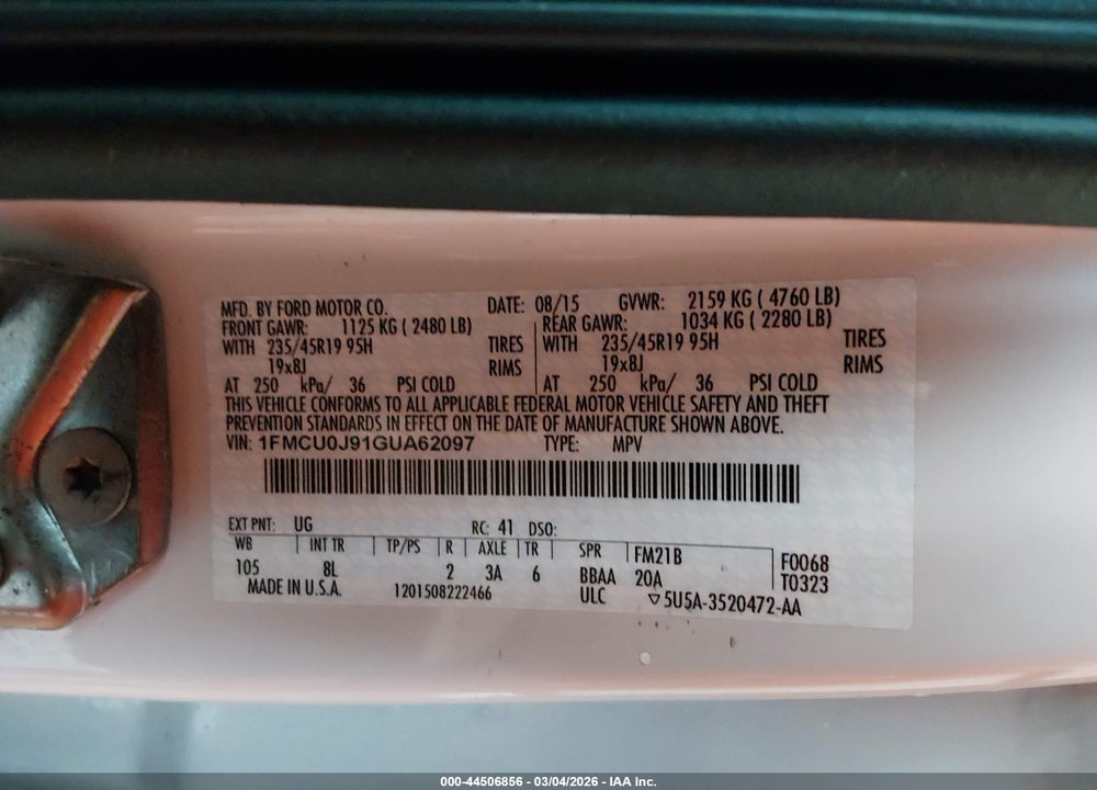 2016 FORD ESCAPE TITANIUM VIN: 1FMCU0J91GUA62097