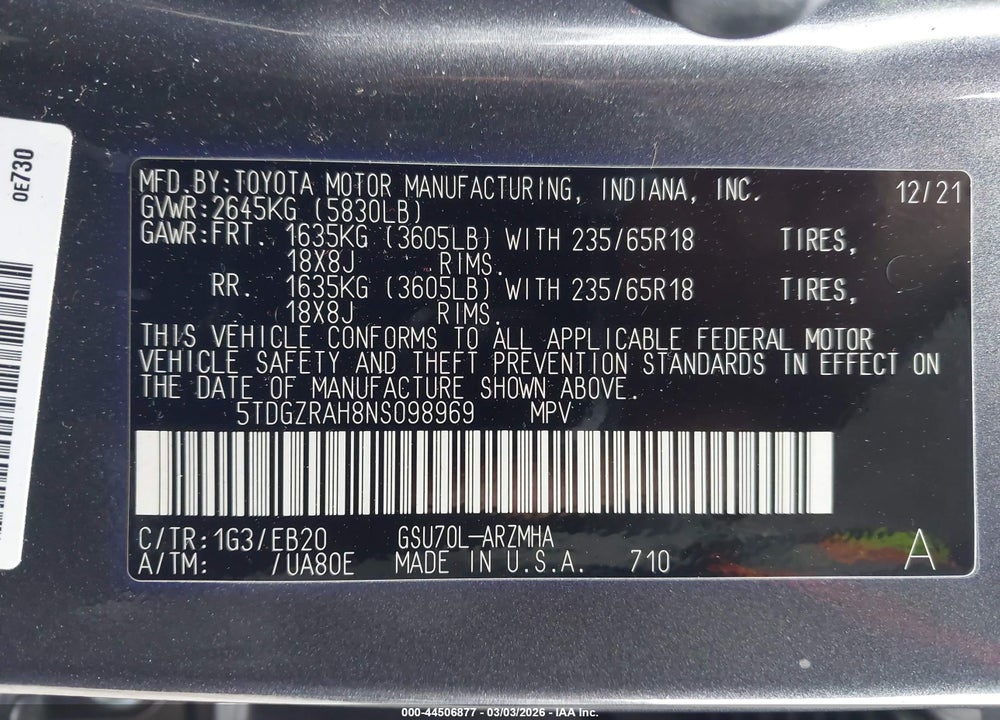 2022 TOYOTA HIGHLANDER XLE VIN: 5TDGZRAH8NS098969