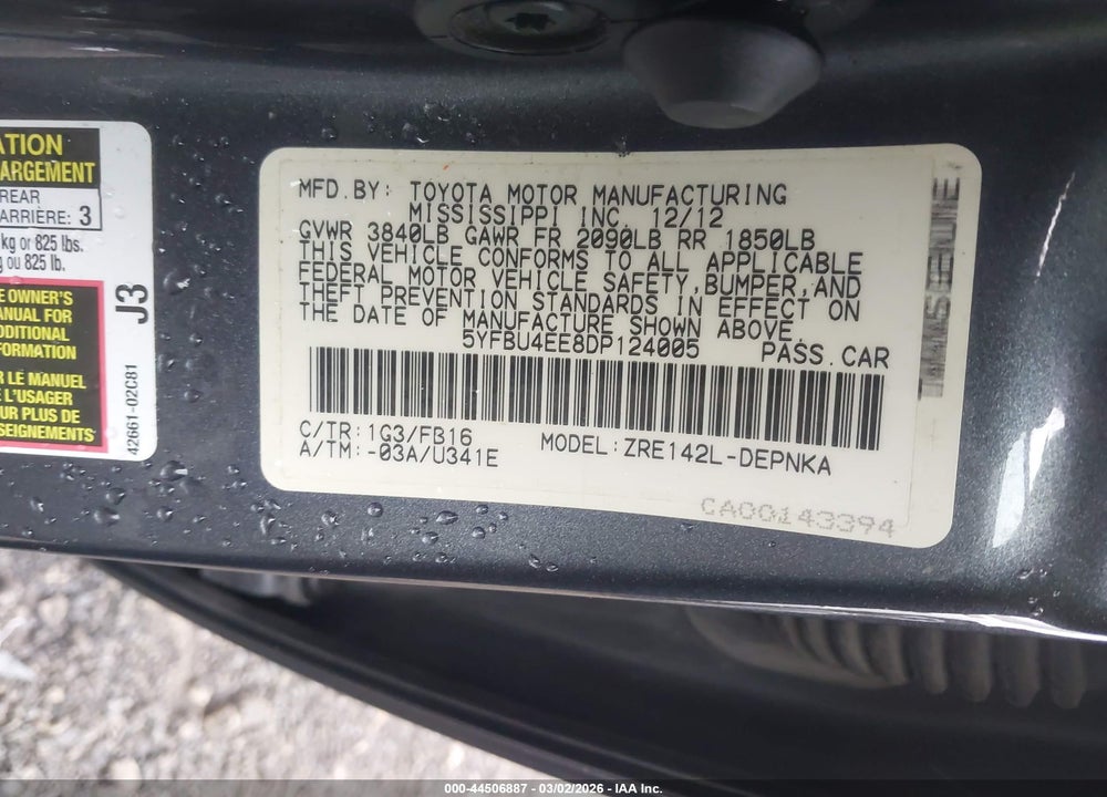 2013 TOYOTA COROLLA LE VIN: 5YFBU4EE8DP124005
