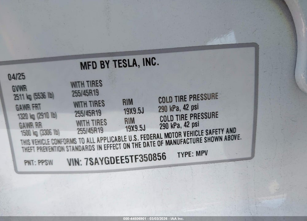 2026 TESLA MODEL Y LONG RANGE LAUNCH SERIES/PREMIUM ALL-WHEEL DRIVE VIN: 7SAYGDEE5TF350856