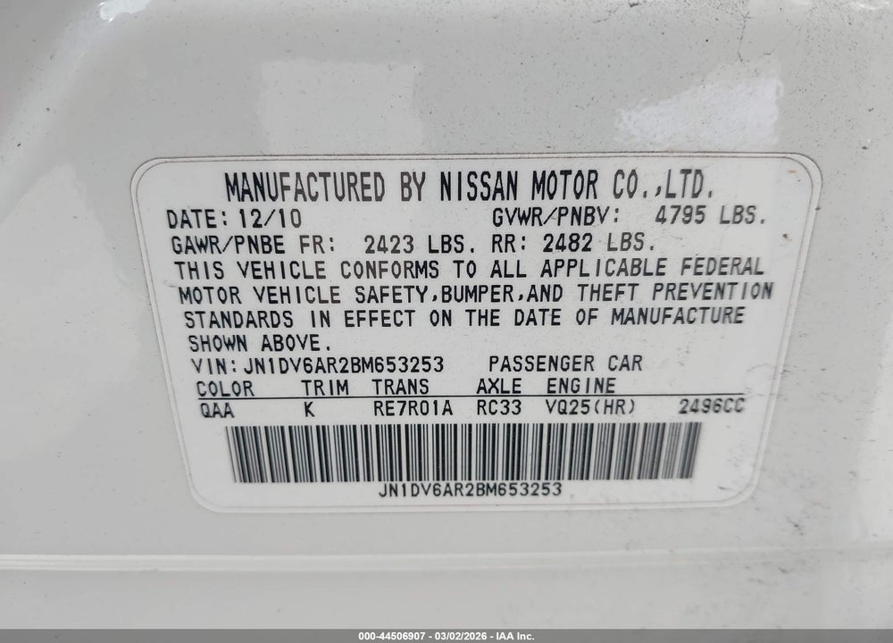2011 INFINITI G25X VIN: JN1DV6AR2BM653253