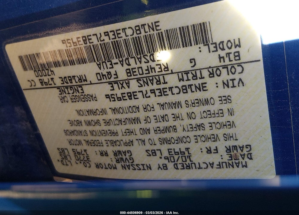 2007 NISSAN VERSA 1.8S VIN: 3N1BC13E67L383956