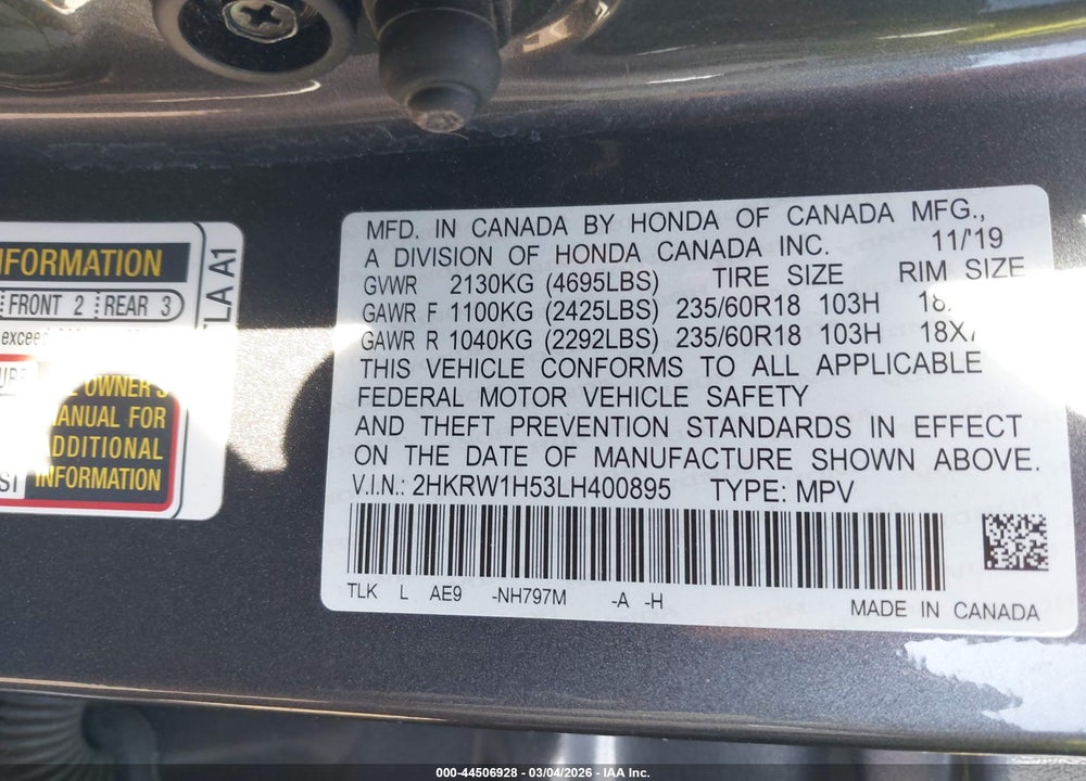 2020 HONDA CR-V 2WD EX VIN: 2HKRW1H53LH400895