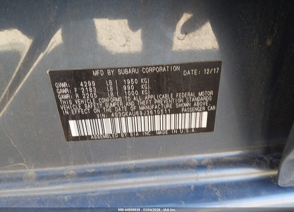 2018 SUBARU IMPREZA 2.0I LIMITED VIN: 4S3GKAU69J3610511