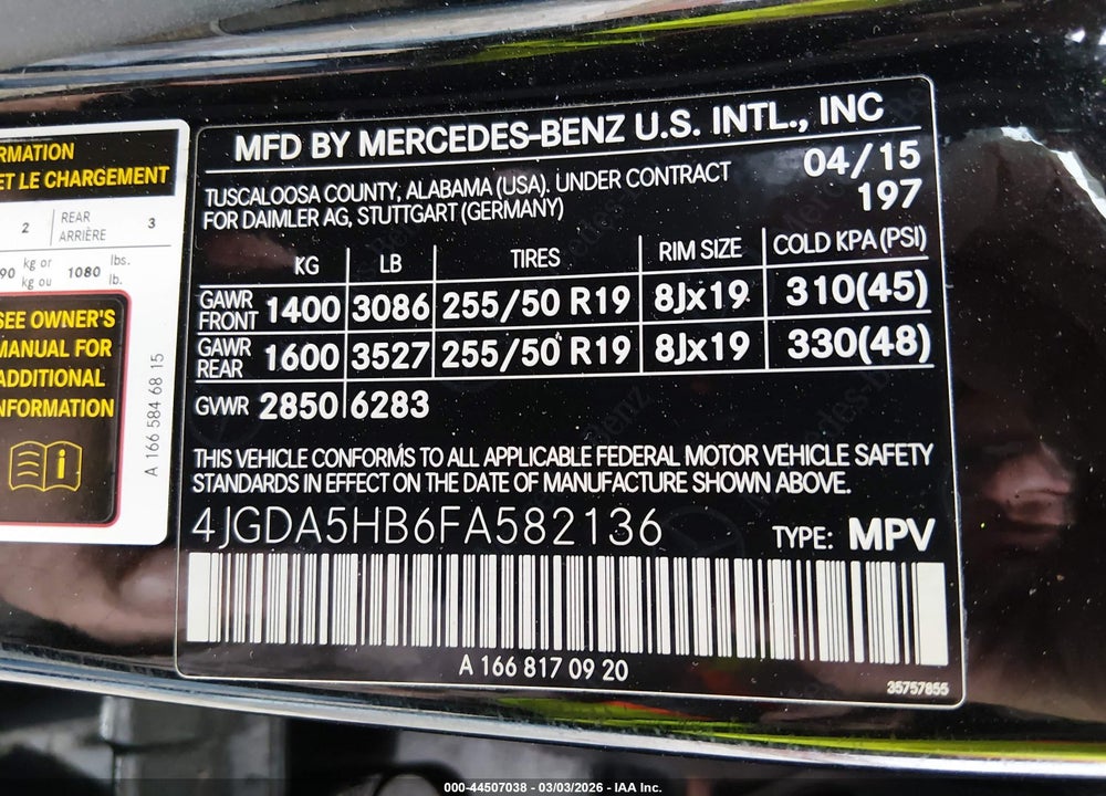 2015 MERCEDES-BENZ ML 350 4MATIC VIN: 4JGDA5HB6FA582136