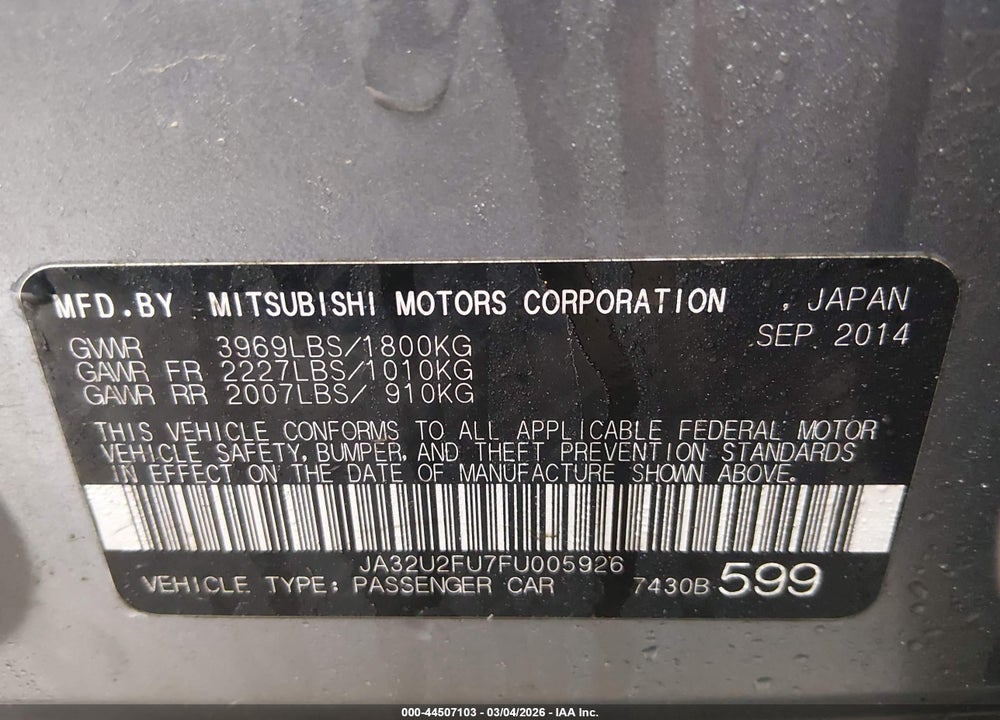 2015 MITSUBISHI LANCER ES VIN: JA32U2FU7FU005926