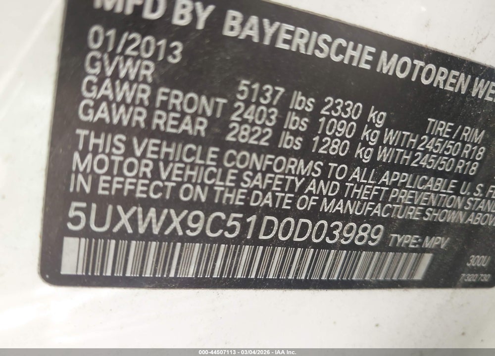 2013 BMW X3 XDRIVE28I VIN: 5UXWX9C51D0D03989