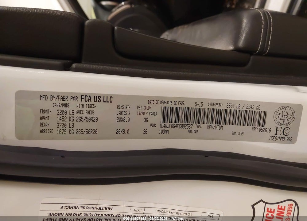 2015 JEEP GRAND CHEROKEE LIMITED VIN: 1C4RJFBG4FC892567