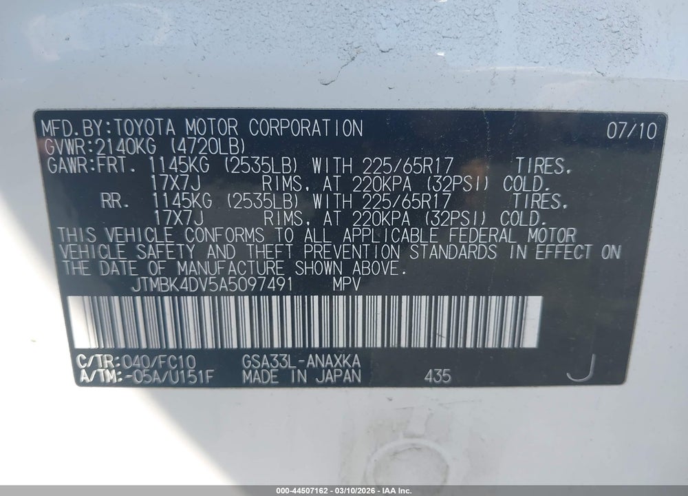 2010 TOYOTA RAV4 BASE V6 VIN: JTMBK4DV5A5097491