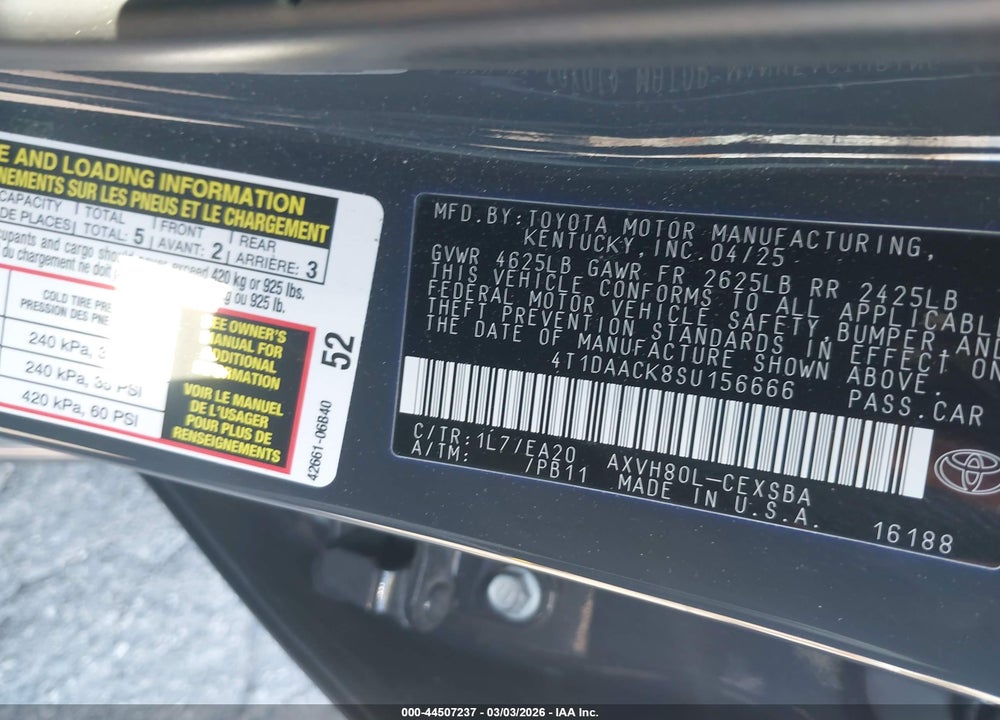 2025 TOYOTA CAMRY SE VIN: 4T1DAACK8SU156666