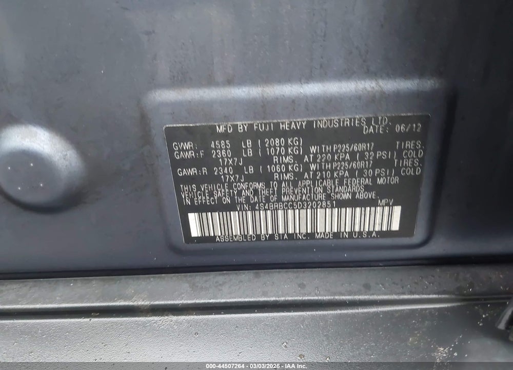 2013 SUBARU OUTBACK 2.5I PREMIUM VIN: 4S4BRBCC5D3202851
