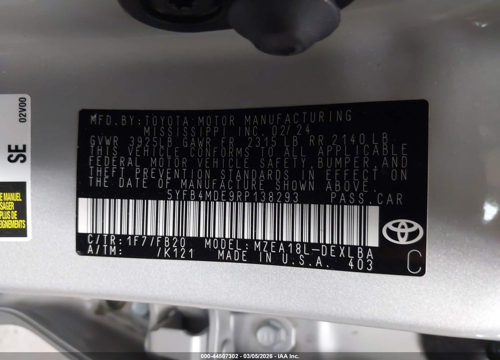 2024 TOYOTA COROLLA LE VIN: 5YFB4MDE9RP138293