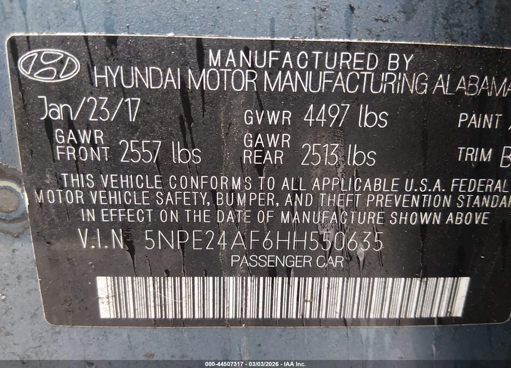 2017 HYUNDAI SONATA VIN: 5NPE24AF6HH550635