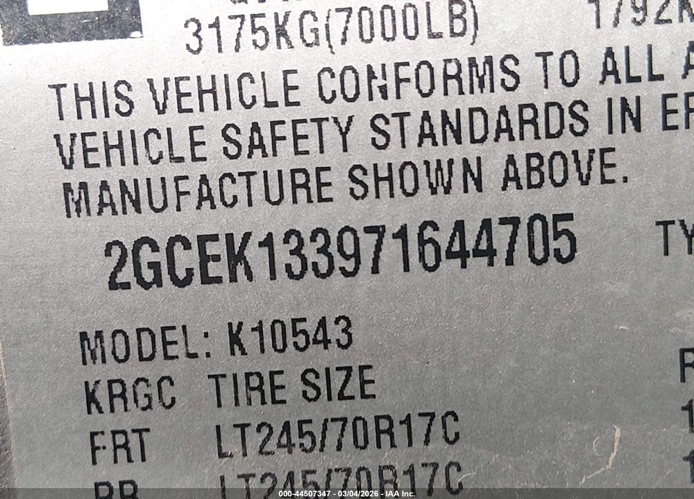 2007 CHEVROLET SILVERADO 1500 LT1 VIN: 2GCEK133971644705